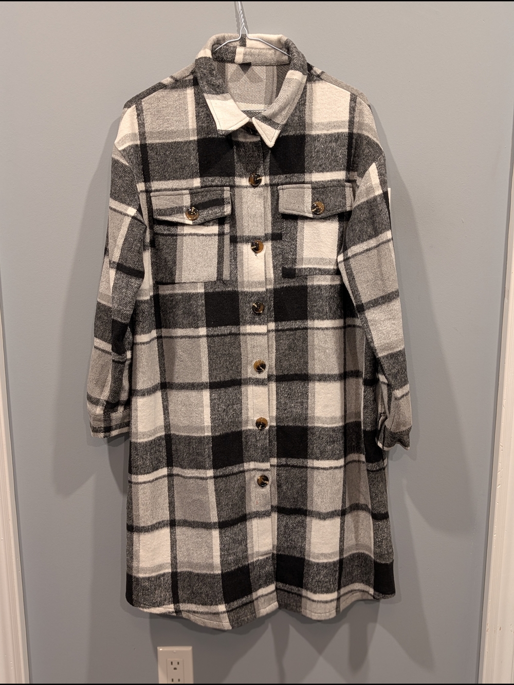 SHEIN Black & White Plaid Long Jacket